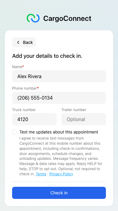 The CargoConnect driver check-in form with name, phone number, truck and trailer fields, and an unchecked box labeled Text me updates about this appointment, followed by the consent wording and links to the Terms and Privacy Policy.